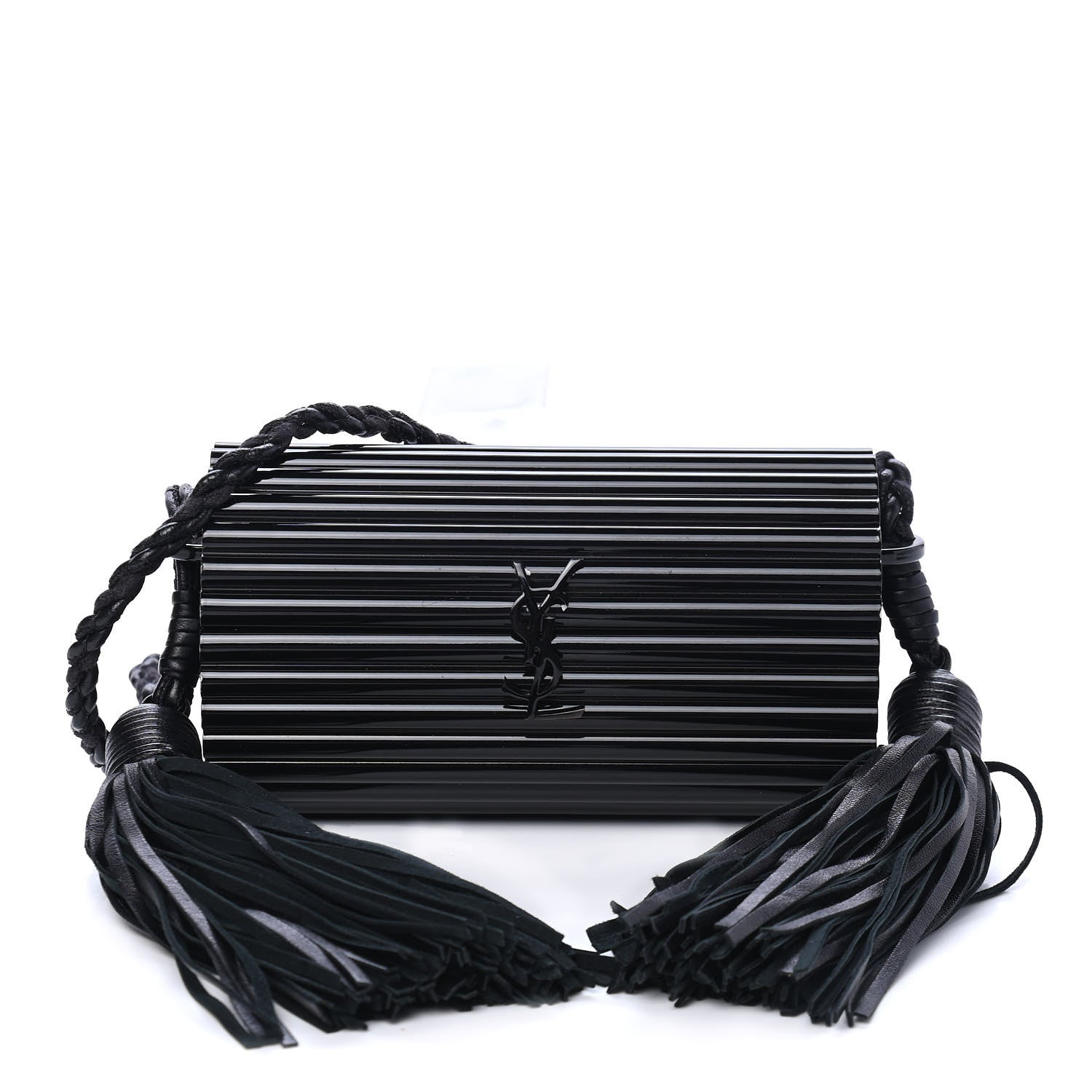 Saint Laurent Ribbed Plexiglass Lambskin Fringe Monogram Opium Box Bag Black 1 of 5