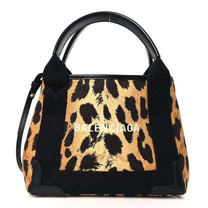 Balenciaga Cotton Canvas Satin Calfskin Leopard Print Navy Cabas XS Beige Black 3 of 10