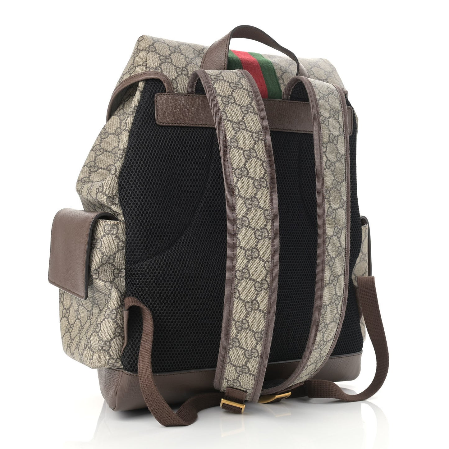 GG Supreme Monogram Medium Ophidia Double Buckle Backpack Brown