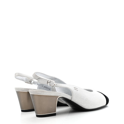 Chanel Laminated Goatskin Velvet Cap Toe CC Slingback Sandals 35 Silver Black 4 of 5