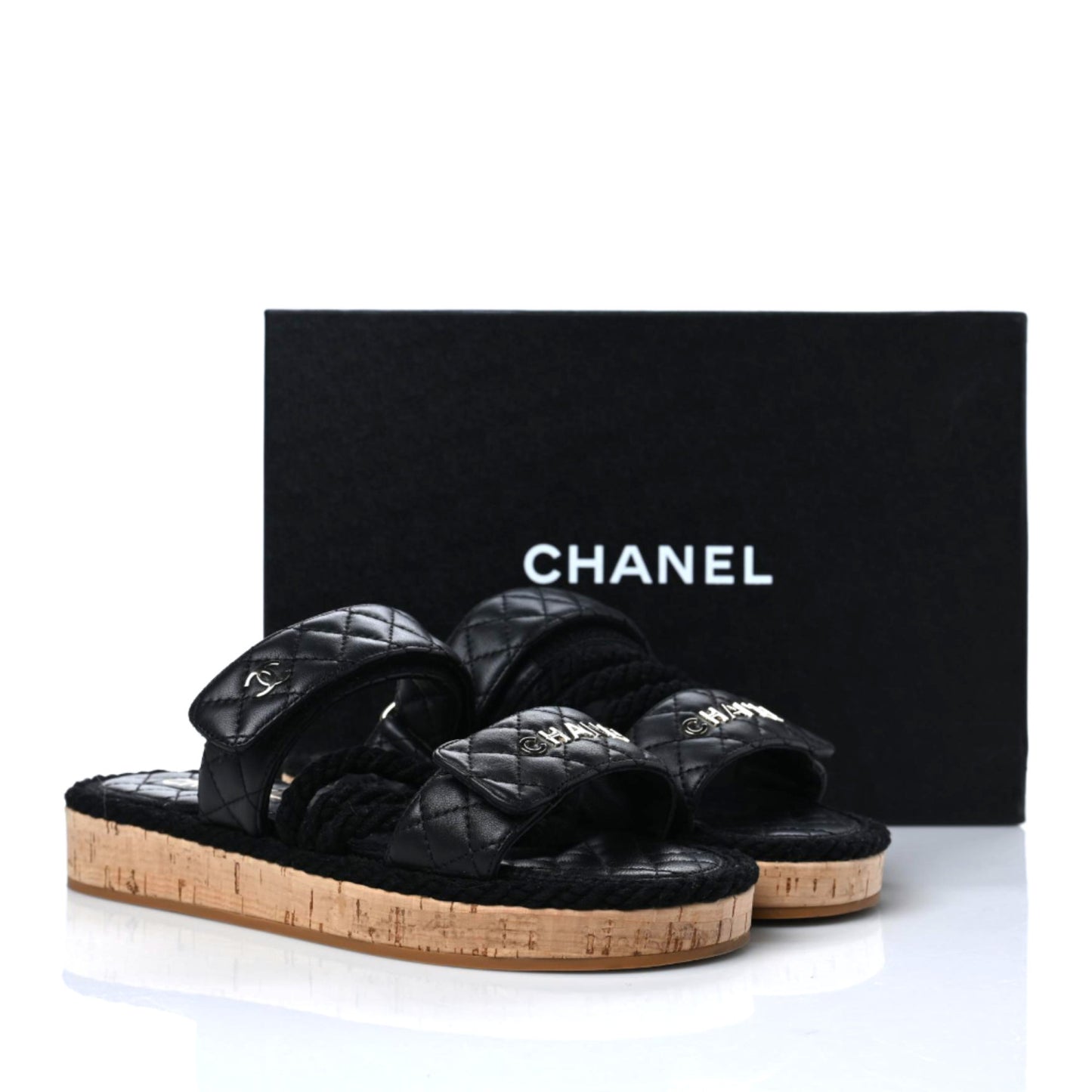 Cord Lambskin Quilted Logo Sandals 38 Black