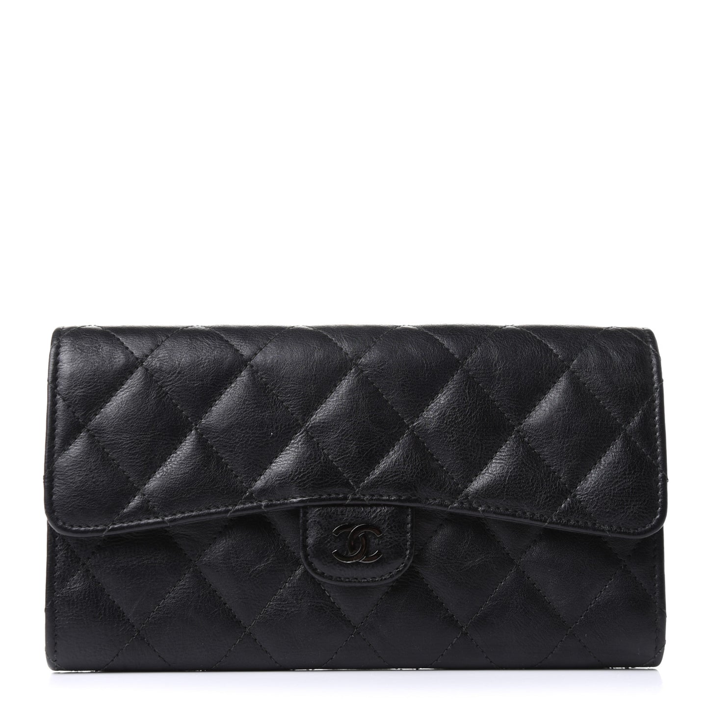 Crumpled Calfskin Quilted Large Flap Wallet So Black