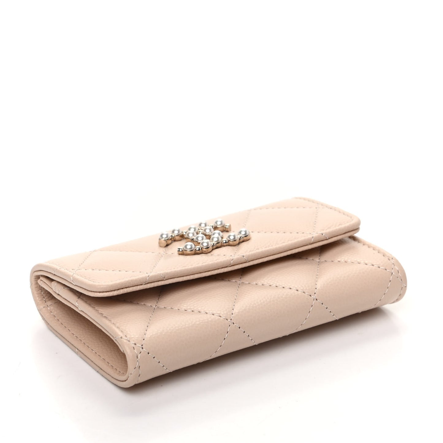 Caviar Pearl Quilted Coco Candy Flap Card Holder Beige