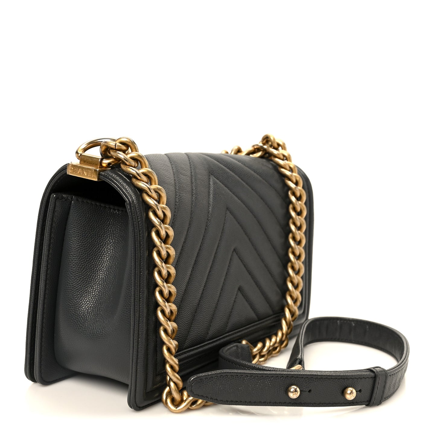Caviar Chevron Quilted Medium Boy Flap Dark Grey