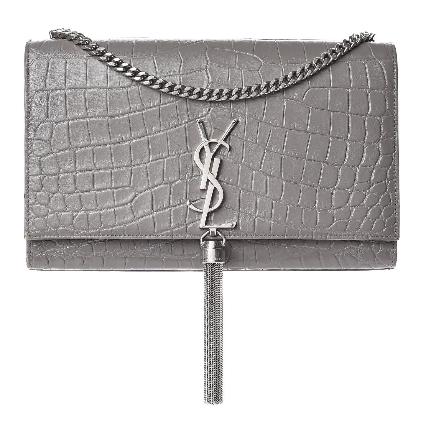 Calfskin Crocodile Embossed Medium Classic Monogram Kate Tassel Satchel Fog