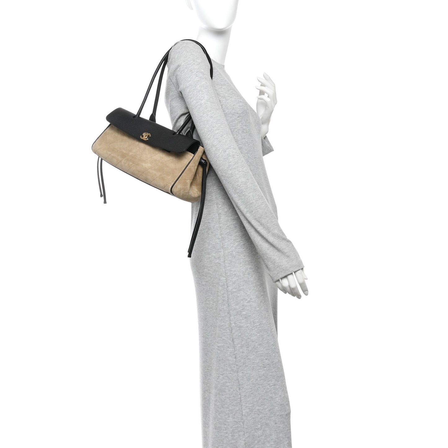 Grained Calfskin Suede Urban Essentials Small Shopping Bag Dark Beige Black