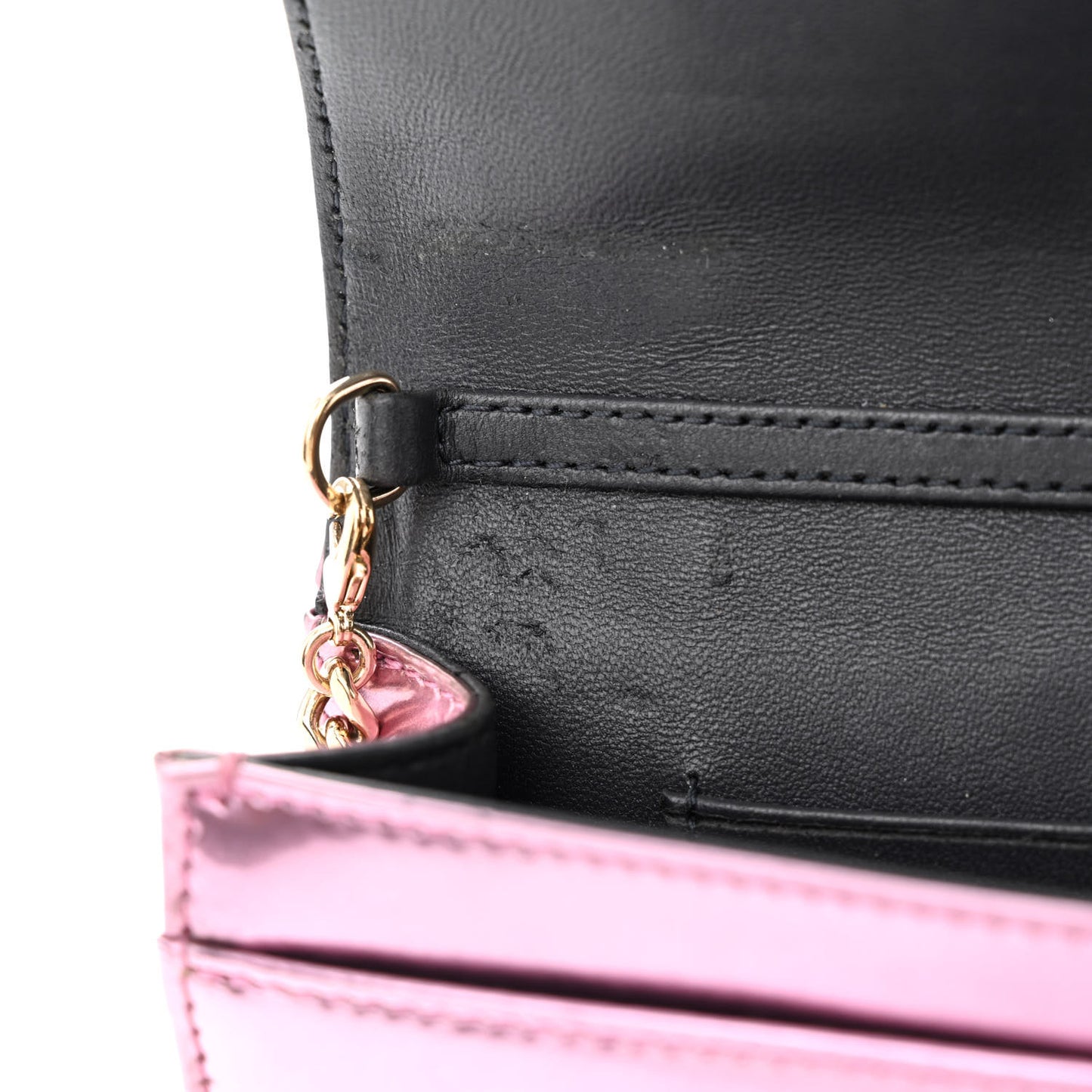 Metallic Patent Micro-Cannage Diorama Wallet on Chain Pouch Pink