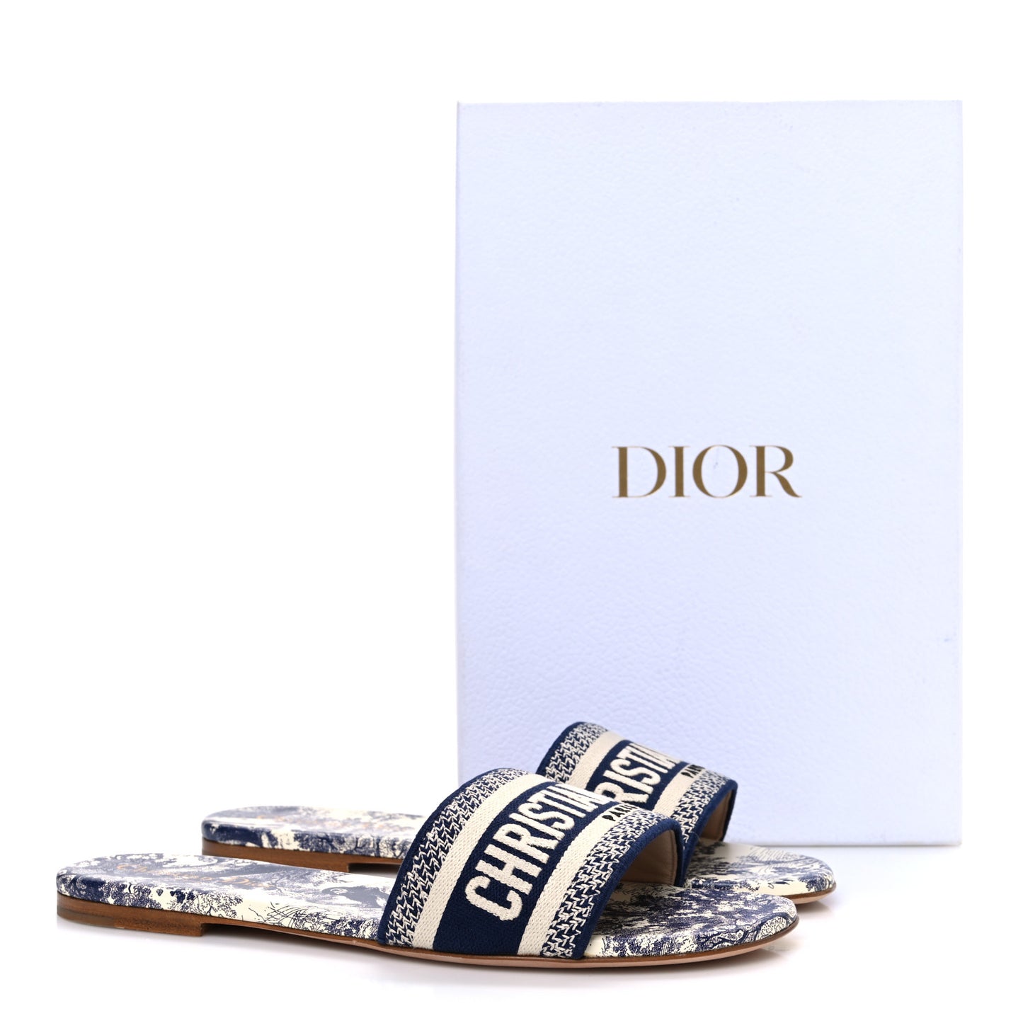 Canvas Toile de Jouy Embroidered Dway Flat Slide Sandals 39 Blue
