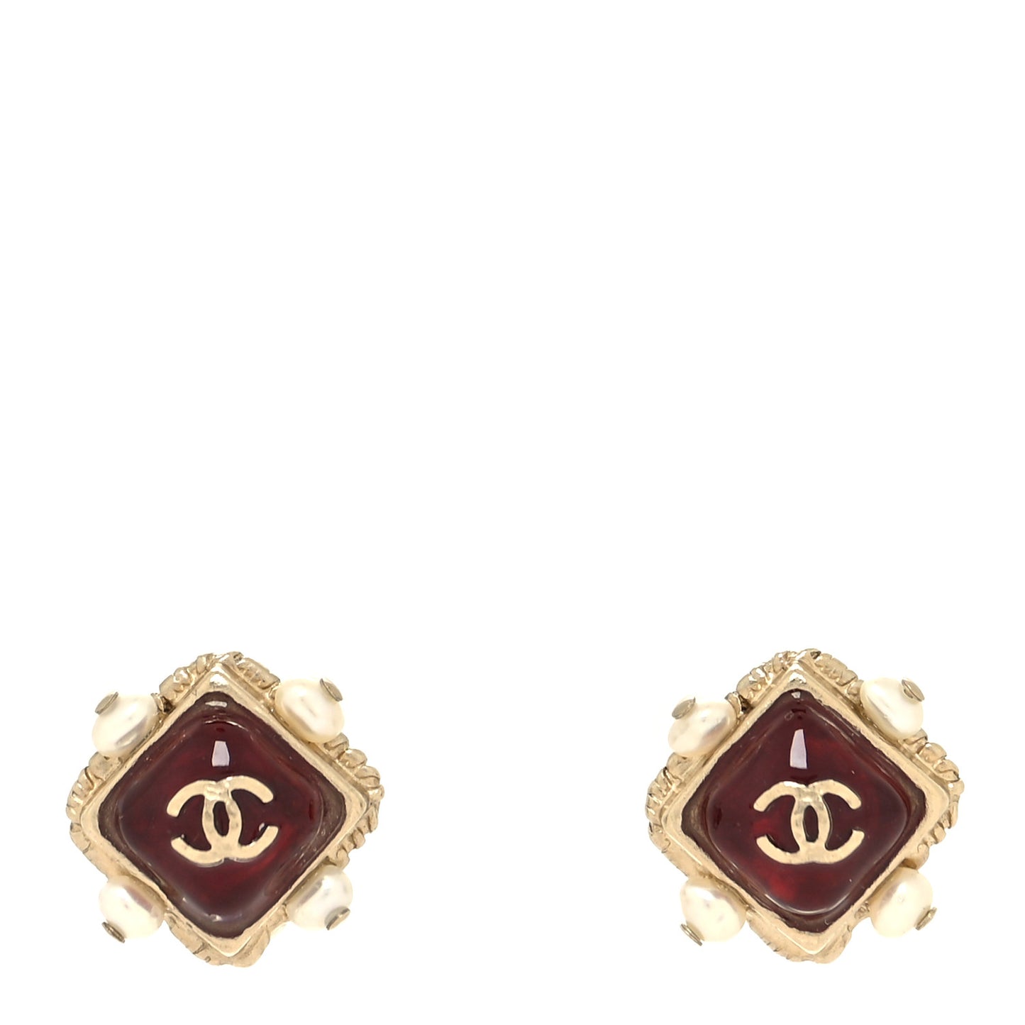 Resin Pearl Square CC Earrings Burgundy Gold
