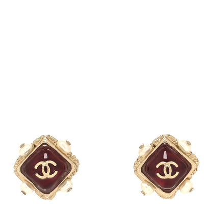 Chanel Resin Pearl Square CC Earrings Burgundy Gold 1 of 4