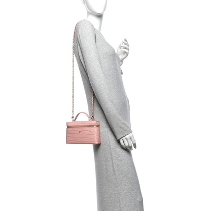 Chanel Calfskin Crocodile Embossed Crococo Top Handle Slim Vanity Case With Chain Light Pink 2 of 12
