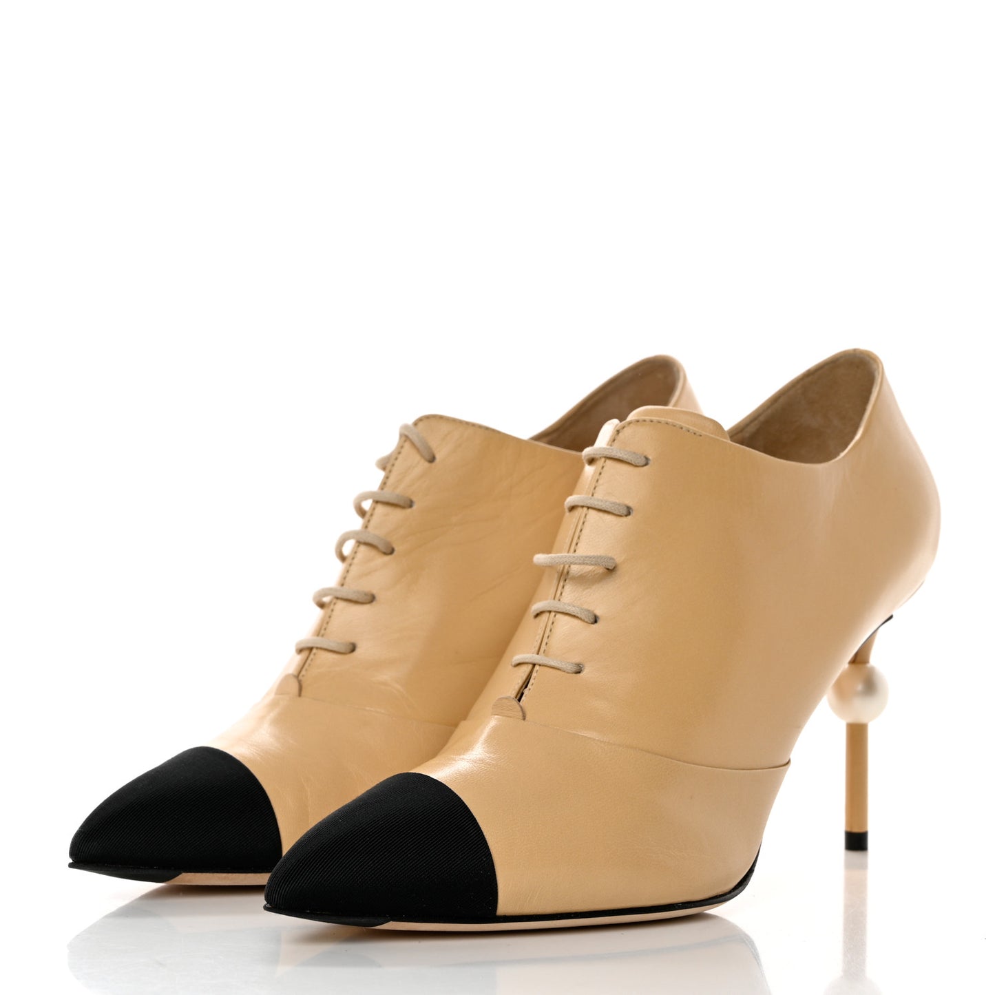 Goatskin Lace Up Cap Toe Booties 39.5 Beige Black