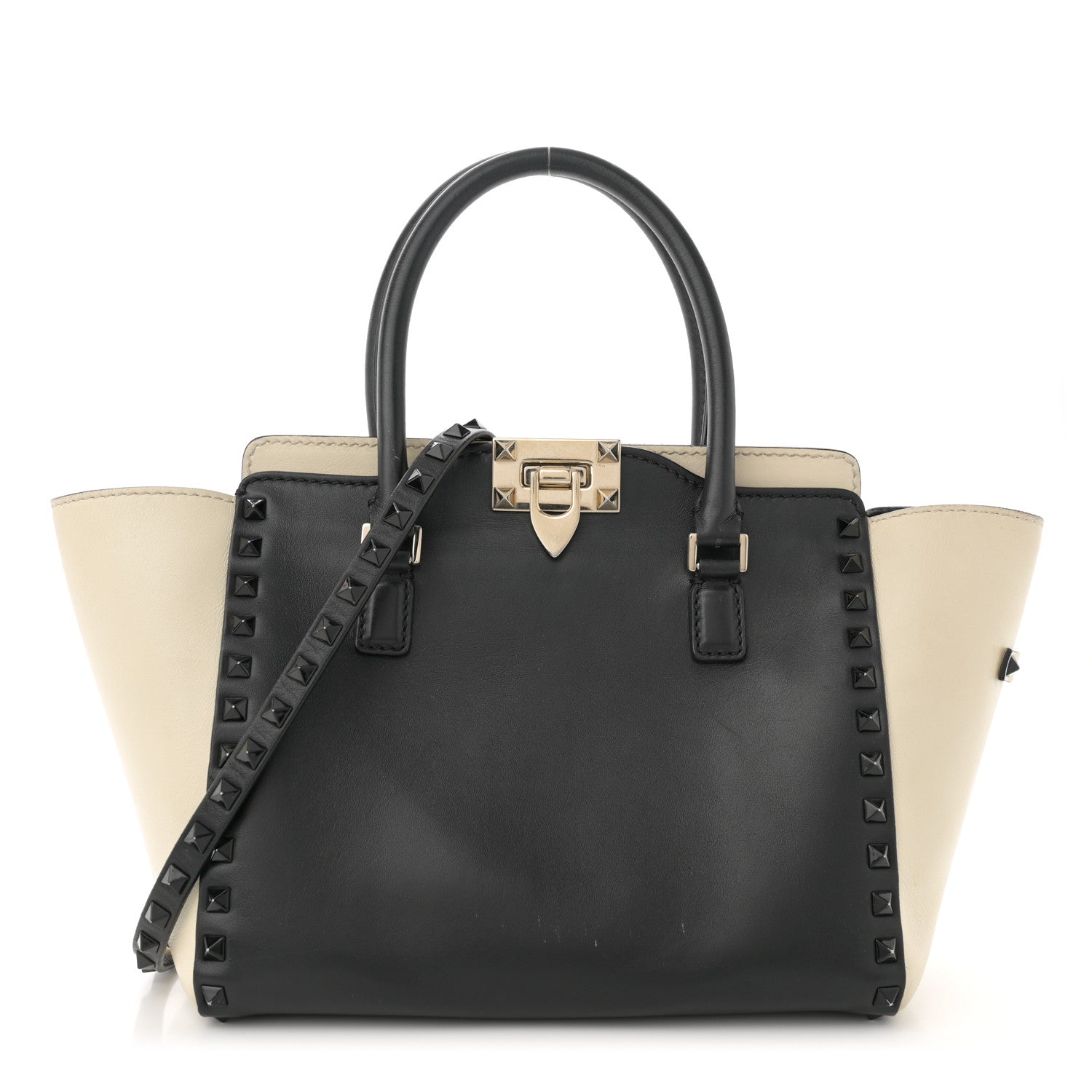Valentino Garavani Vitello Bi-Color Small Rockstud Double Handle Tote Ivory Black 1 of 15