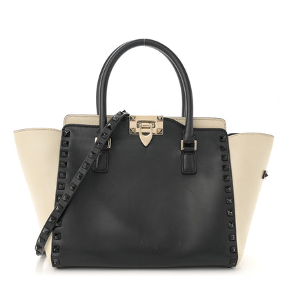 Valentino Garavani Vitello Bi-Color Small Rockstud Double Handle Tote Ivory Black 1 of 15