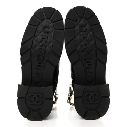 Chanel Shiny Calfskin Patent Quilted Chain Lace Up Combat Boots 38.5 Black 5 of 9