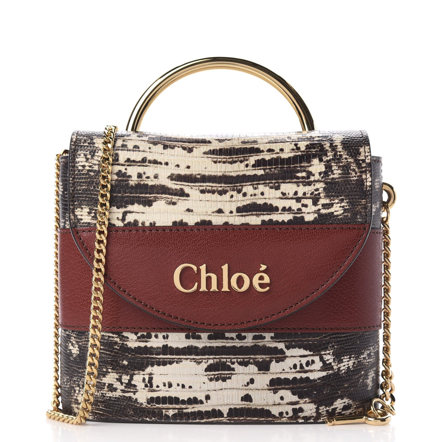 Calfskin Lizard Embossed Small Aby Lock Sepia Brown