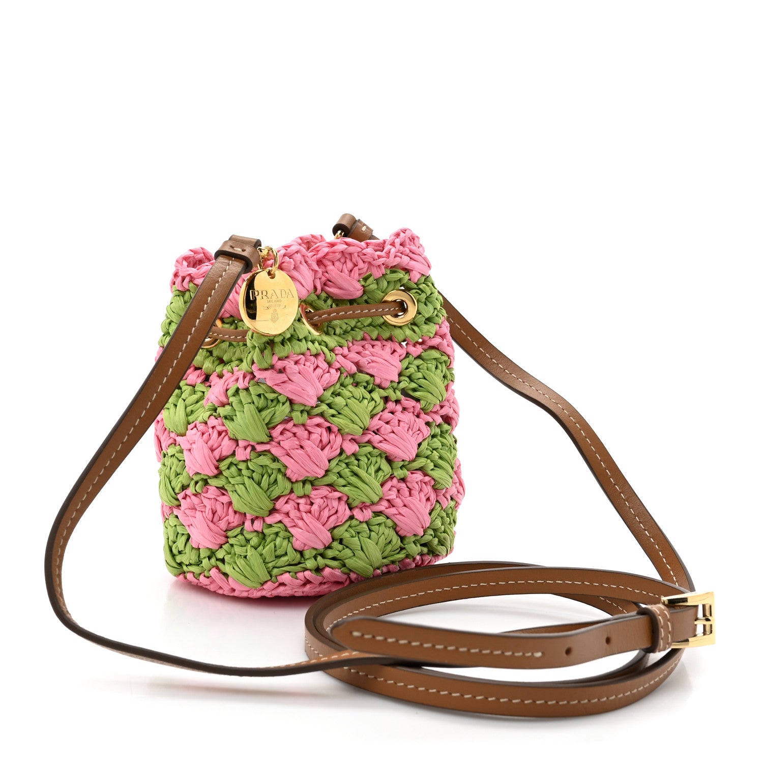 Prada Yarn Raffia Effect Crochet Mini Pouch Petal Pink Lawn Green 3 of 9