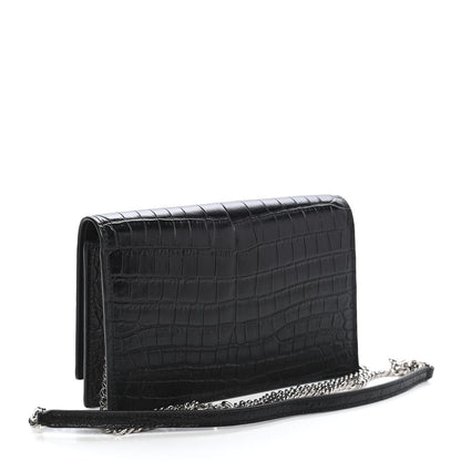 Saint Laurent Calfskin Crocodile Embossed Kate Monogram Tassel Chain Wallet Black 3 of 8