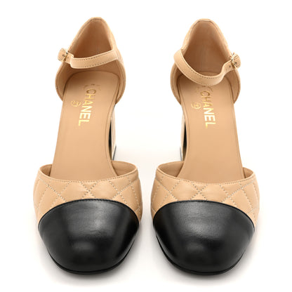 Chanel Lambskin Quilted Cap Toe Mary Jane Pumps 40 Beige Black 3 of 9