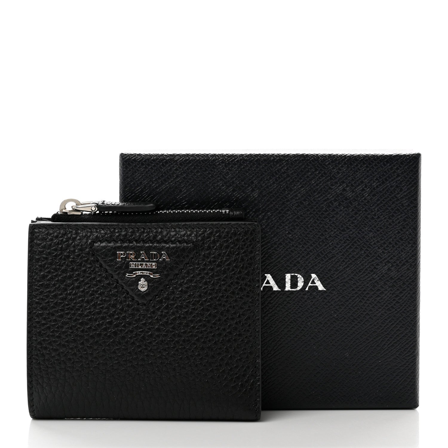 Prada Vitello Daino Compact Bi-Fold Zip Wallet Black 7 of 7