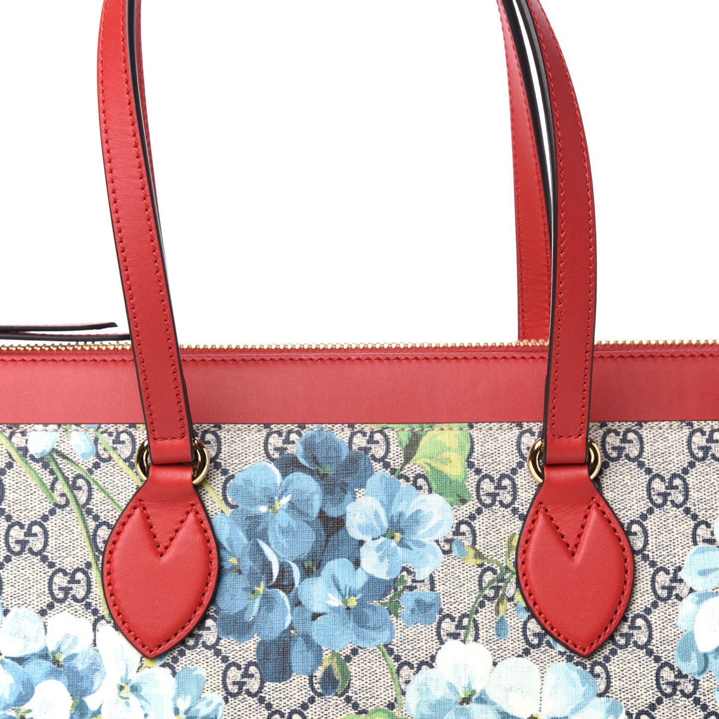 GG Supreme Monogram Blooms Medium Zippered Bucket Tote Beige Blue Navy Hibiscus Red