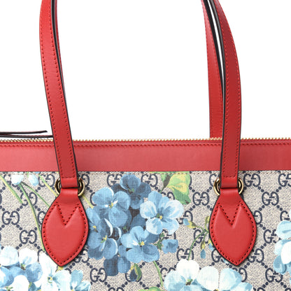 Gucci GG Supreme Monogram Blooms Medium Zippered Bucket Tote Beige Blue Navy Hibiscus Red 10 of 10