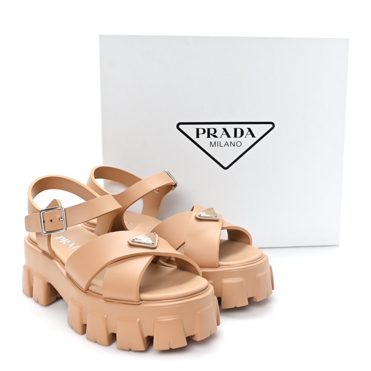 Prada Foam Rubber Metal Triangle Logo Monolith 55mm Soft Cage Sandals 39 Orzo 10 of 10