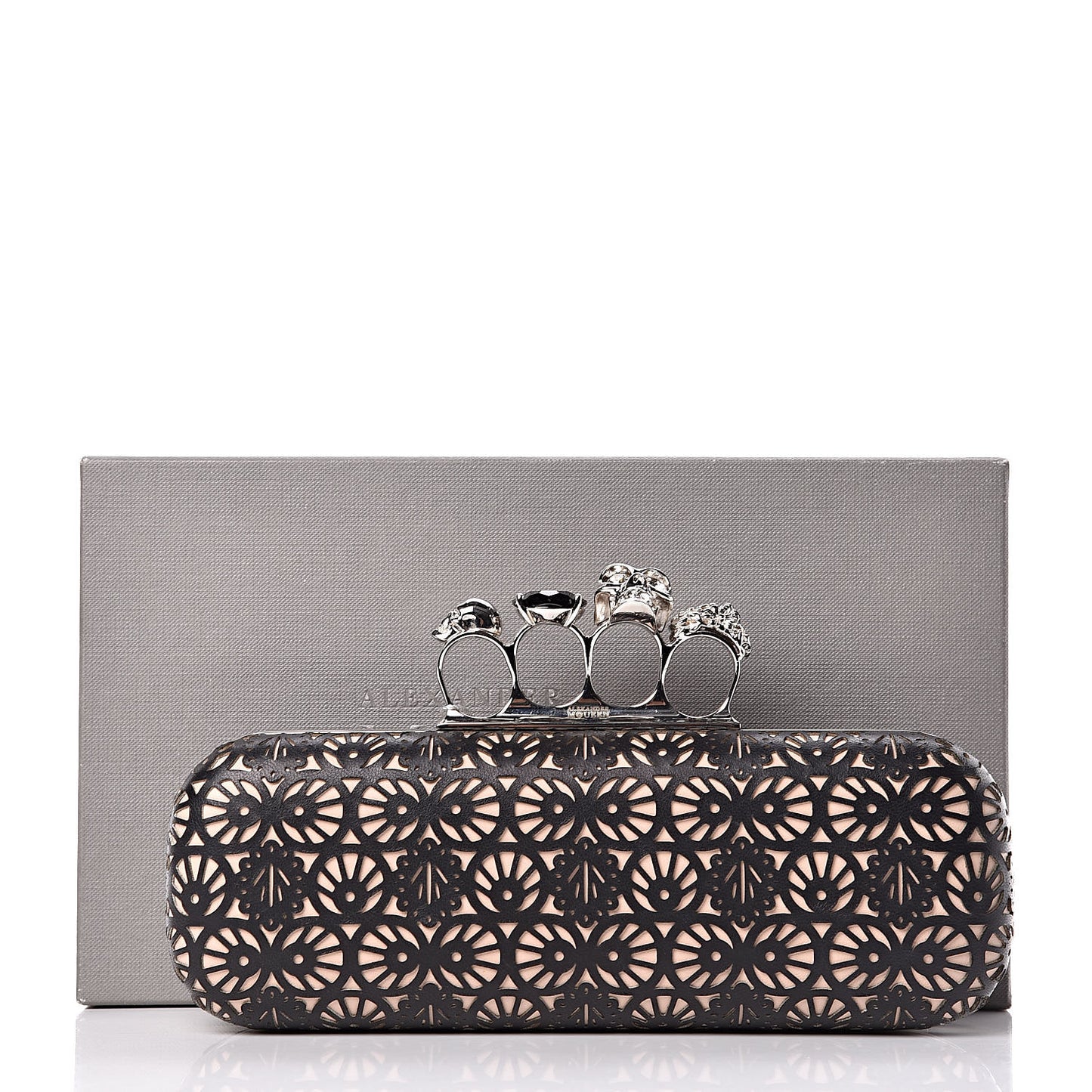 Calfskin Classic Bistrot Skull Knuckle Box Clutch Black Beige
