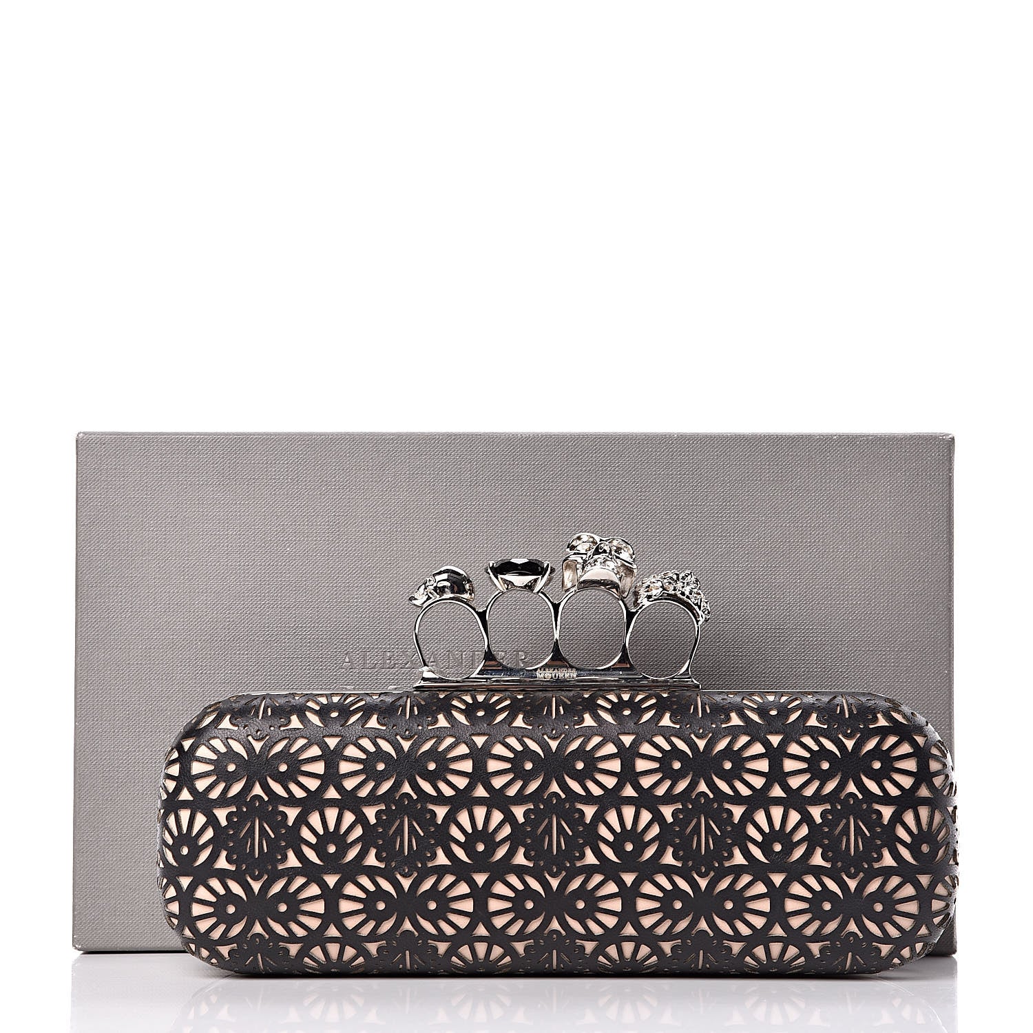 Alexander McQueen Calfskin Classic Bistrot Skull Knuckle Box Clutch Black Beige 11 of 11