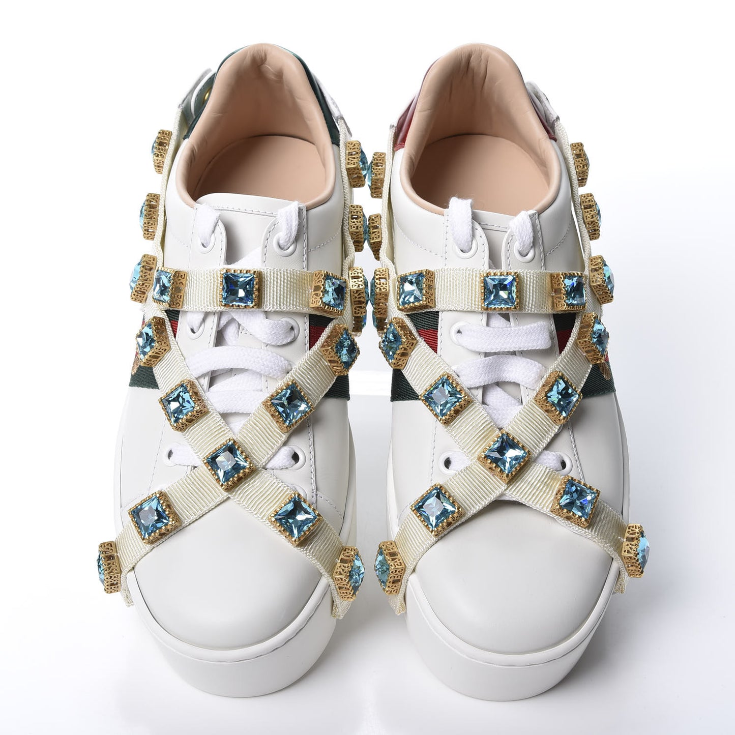 Calfskin Removable Crystals Bee Embroidered Womens Ace Platform Sneakers 36.5 White