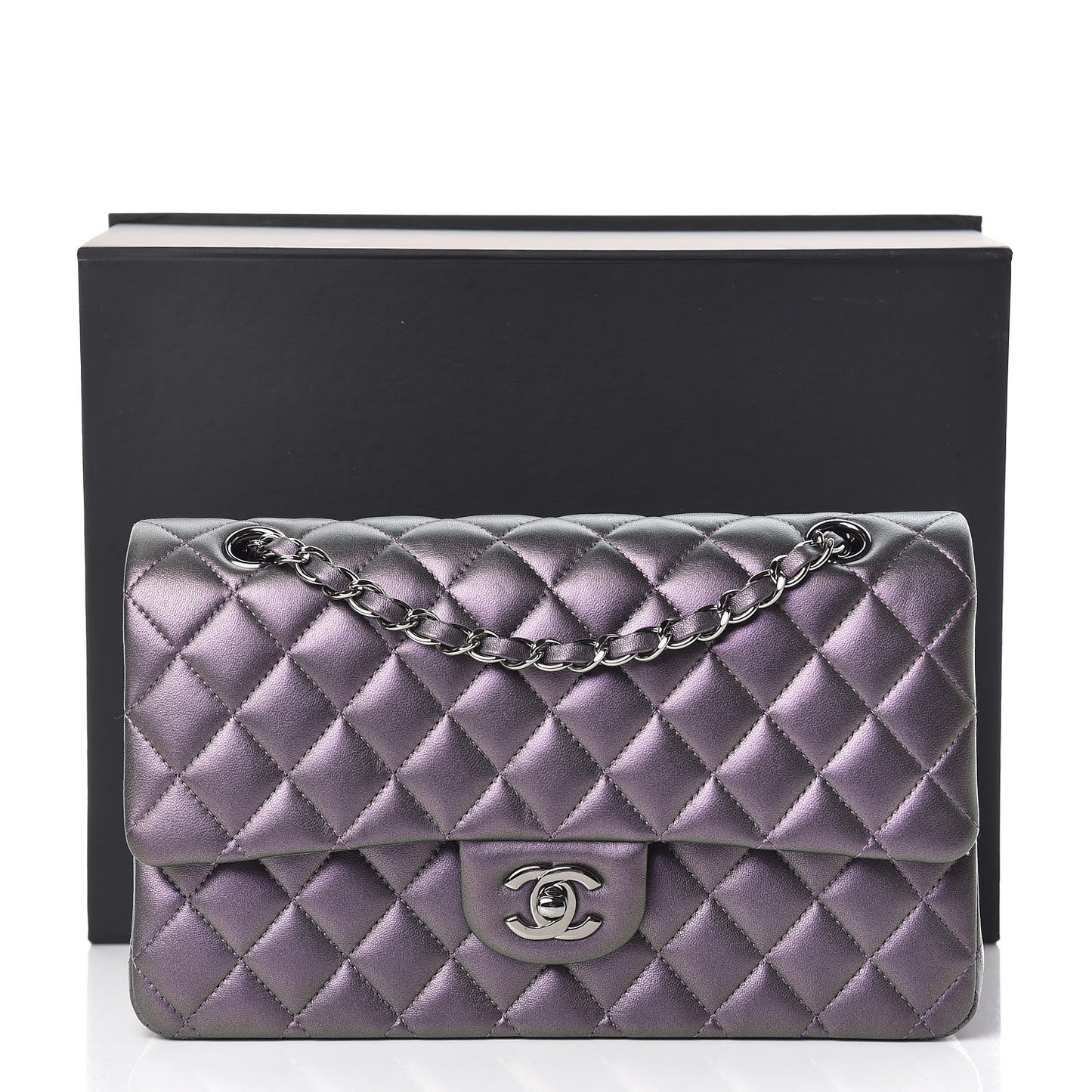 Iridescent Lambskin Quilted Medium Double Flap Dark Purple