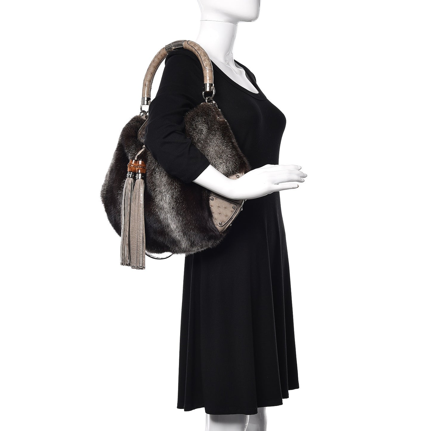 Mink Fur Ostrich Large Indy Hobo Grey