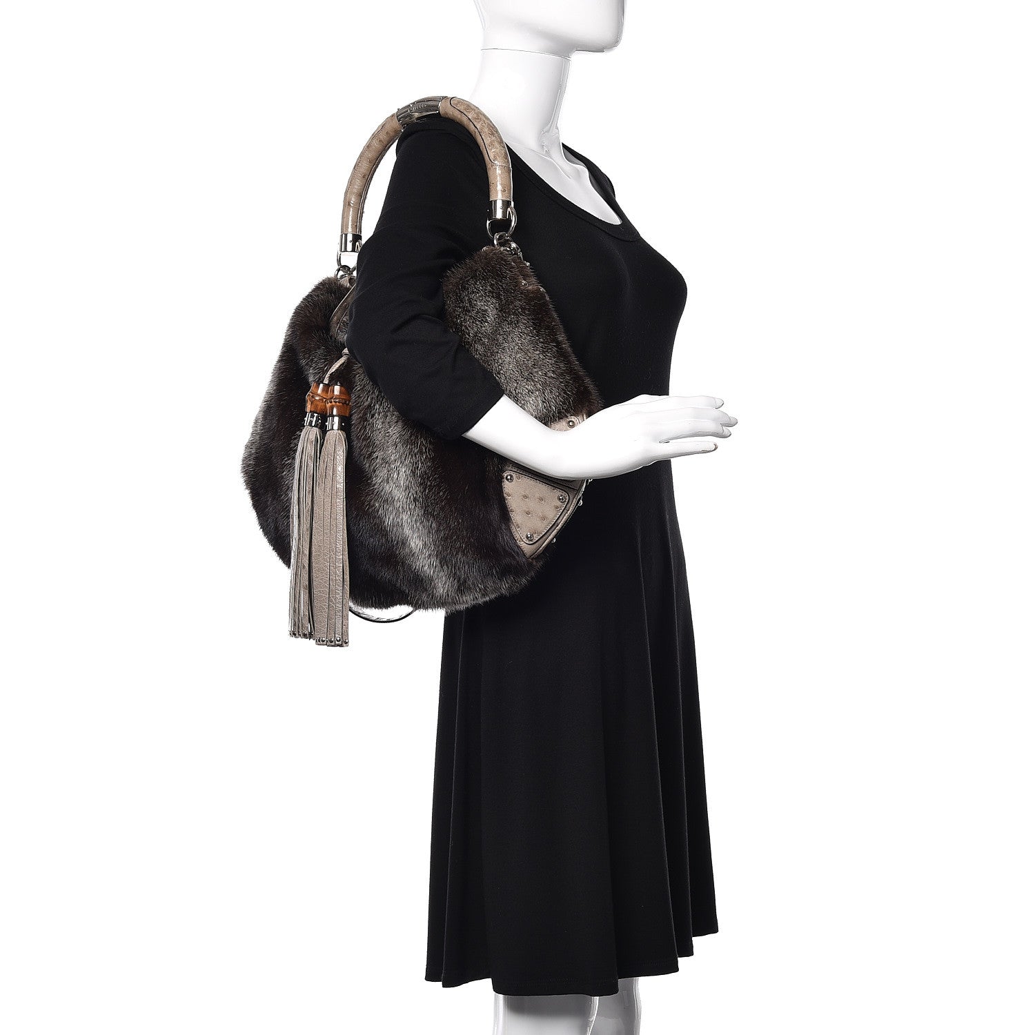 Gucci Mink Fur Ostrich Large Indy Hobo Grey 2 of 10