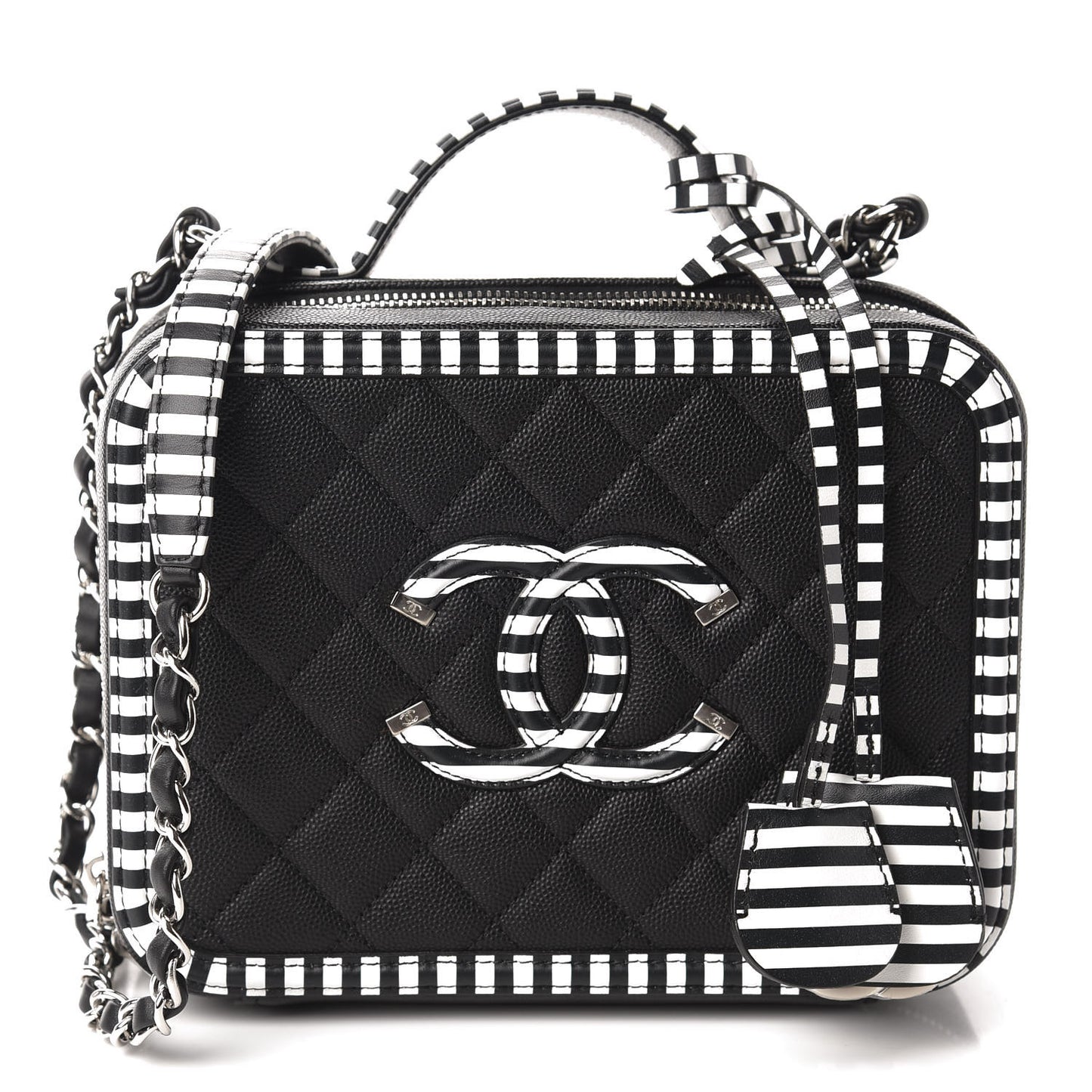 Caviar Quilted Striped Medium CC Filigree Vanity Case Black White