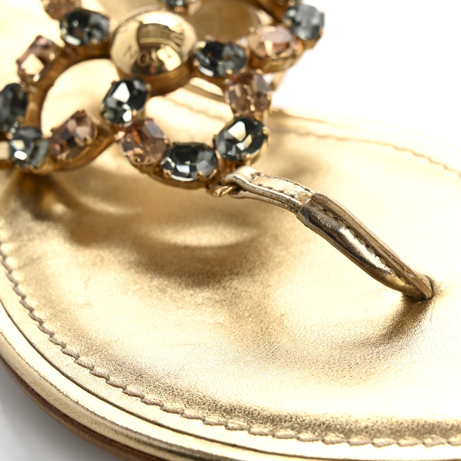 Louis Vuitton Metallic Calfskin Crystal Flower Thong Flat Sandals 37.5 Gold 13 of 14