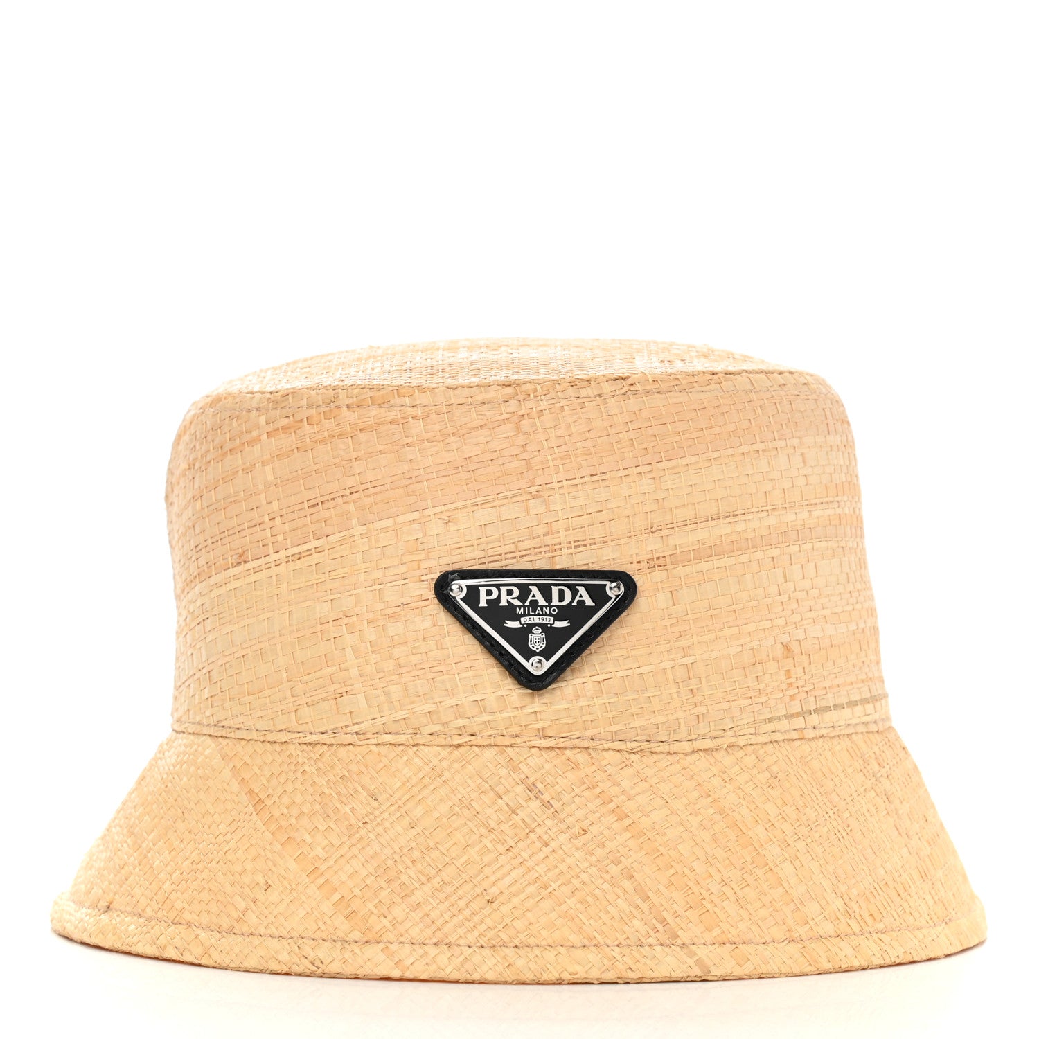 Prada Paglia Metal Triangle Logo Womens Bucket Hat M Naturale Black 1 of 12