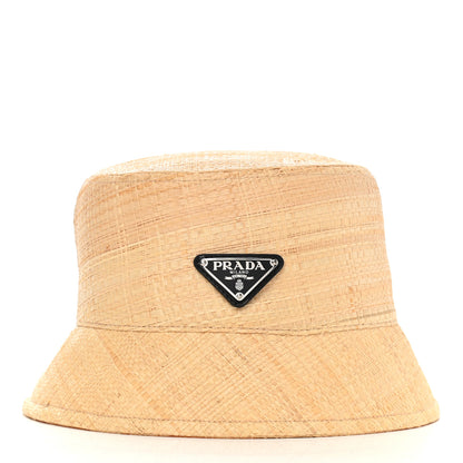 Prada Paglia Metal Triangle Logo Womens Bucket Hat M Naturale Black 1 of 12