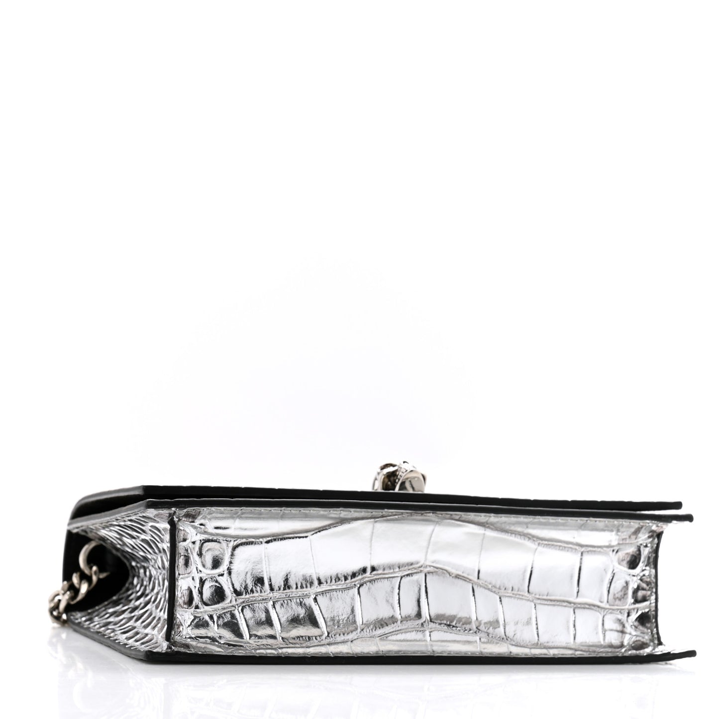 Metallic Calfskin Crocodile Embossed Skull Mini Shoulder Bag Silver
