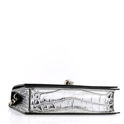 Alexander McQueen Metallic Calfskin Crocodile Embossed Skull Mini Shoulder Bag Silver 4 of 11