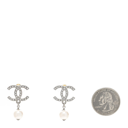 Chanel Pearl Crystal CC Drop Earrings Silver Pearly White 2 of 5