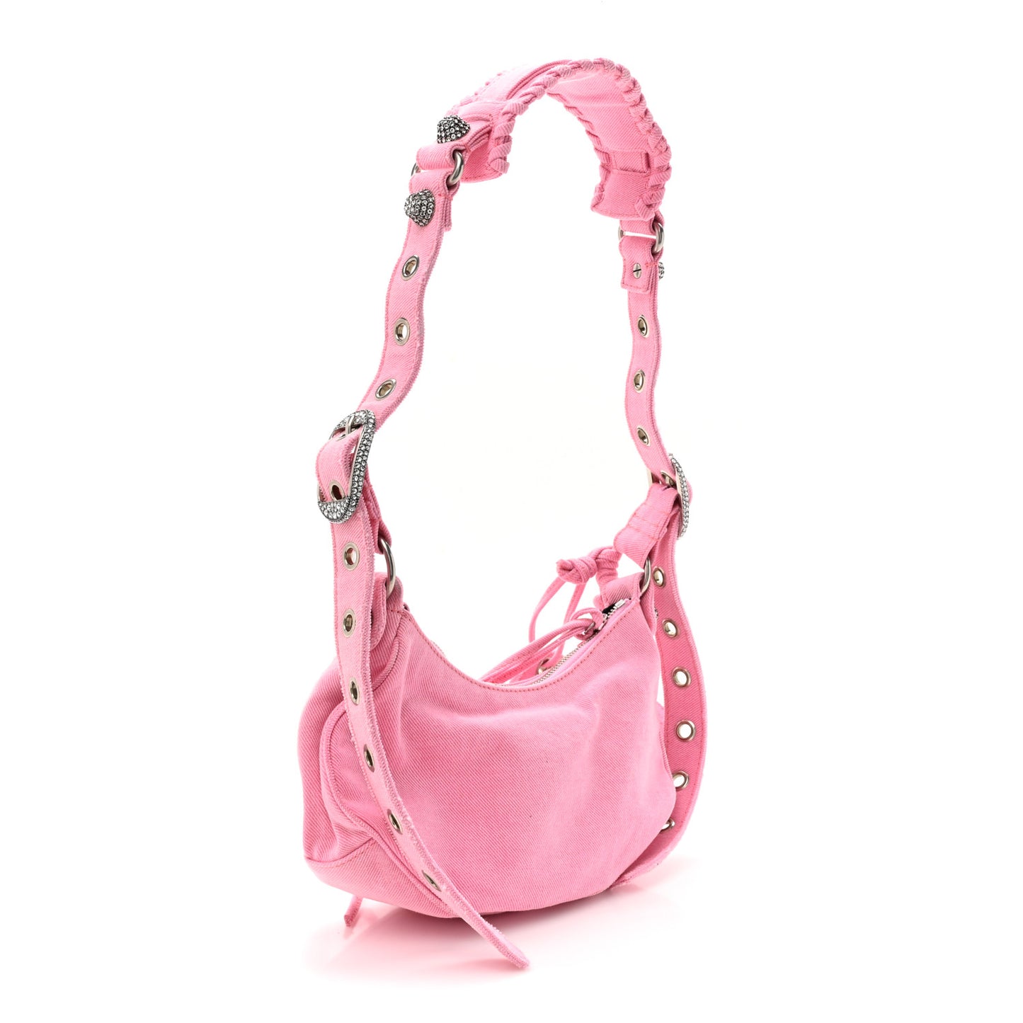 Washed Frayed Denim Crystal Le Cagole Shoulder Bag XS Denim Pink