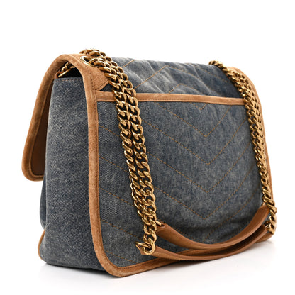 Saint Laurent Denim Suede Monogram Medium Niki Chain Satchel Blue Cinnamon 3 of 10