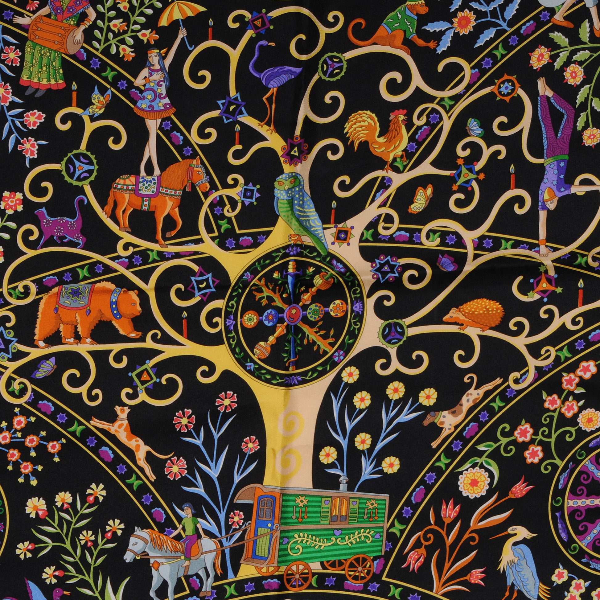 Hermes Silk Peuple Du Vent Scarf 90 Noir Vert Vif Violet 1 of 5