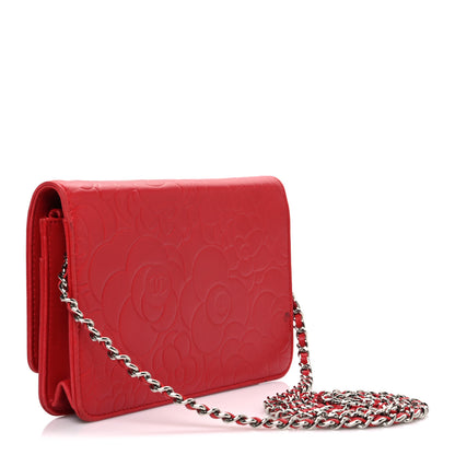 Chanel Lambskin Camellia Embossed Wallet on Chain WOC Red 3 of 12