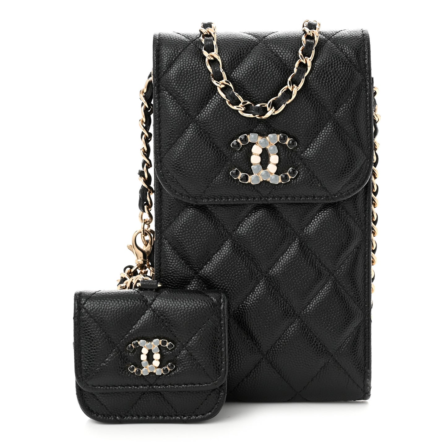 Caviar Quilted Crystal CC Airpods Pro and Phone Case With Chain Black