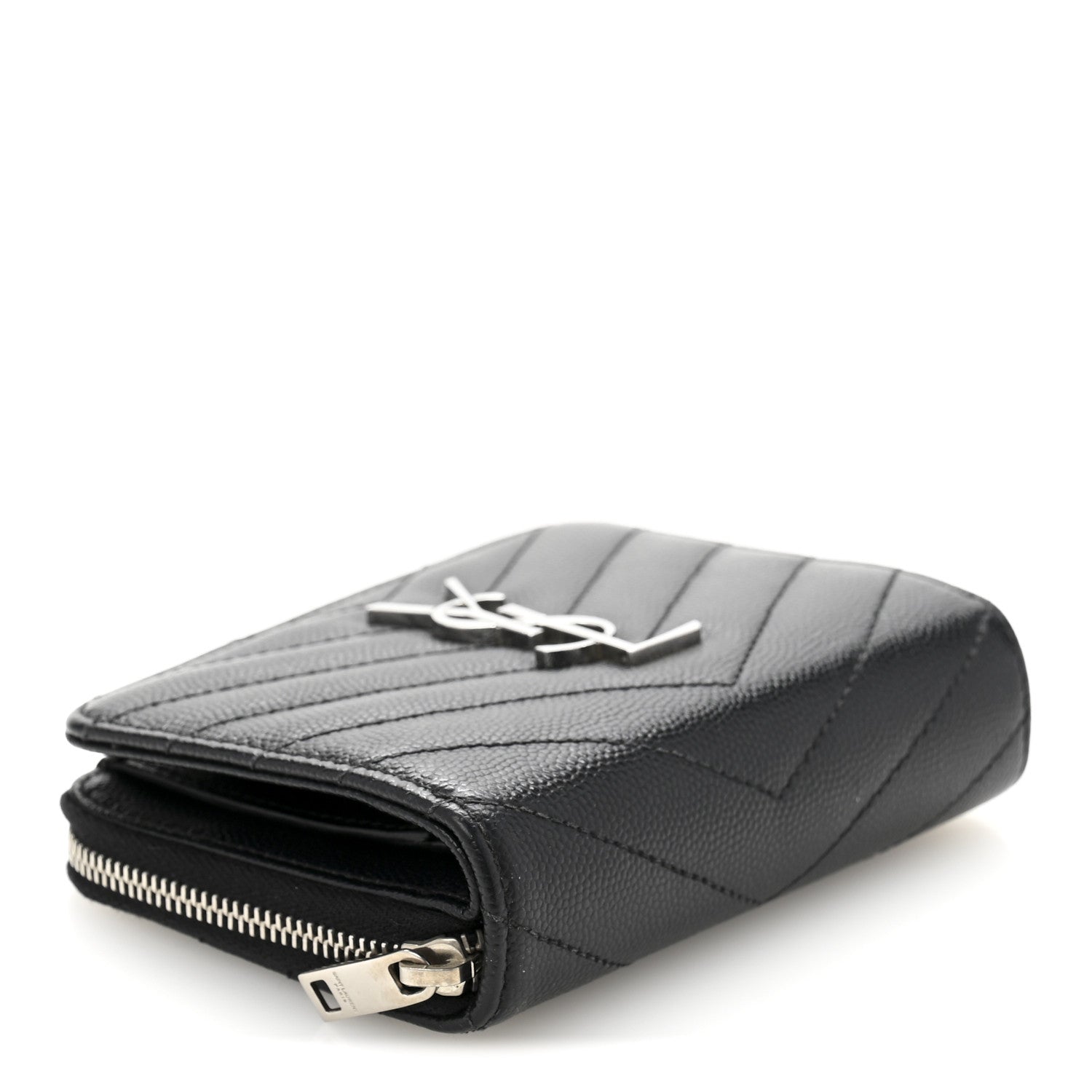 Saint Laurent Grain De Poudre Matelasse Chevron Monogram Compact Zip Around Wallet Black 4 of 11