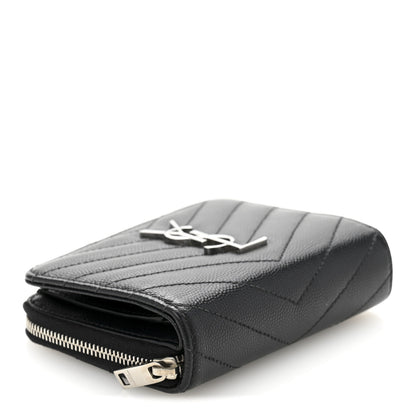 Saint Laurent Grain De Poudre Matelasse Chevron Monogram Compact Zip Around Wallet Black 4 of 11