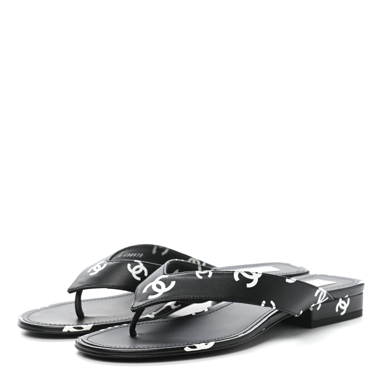 Chanel Lambskin Printed CC Thong Sandals 37 Black White 3 of 10