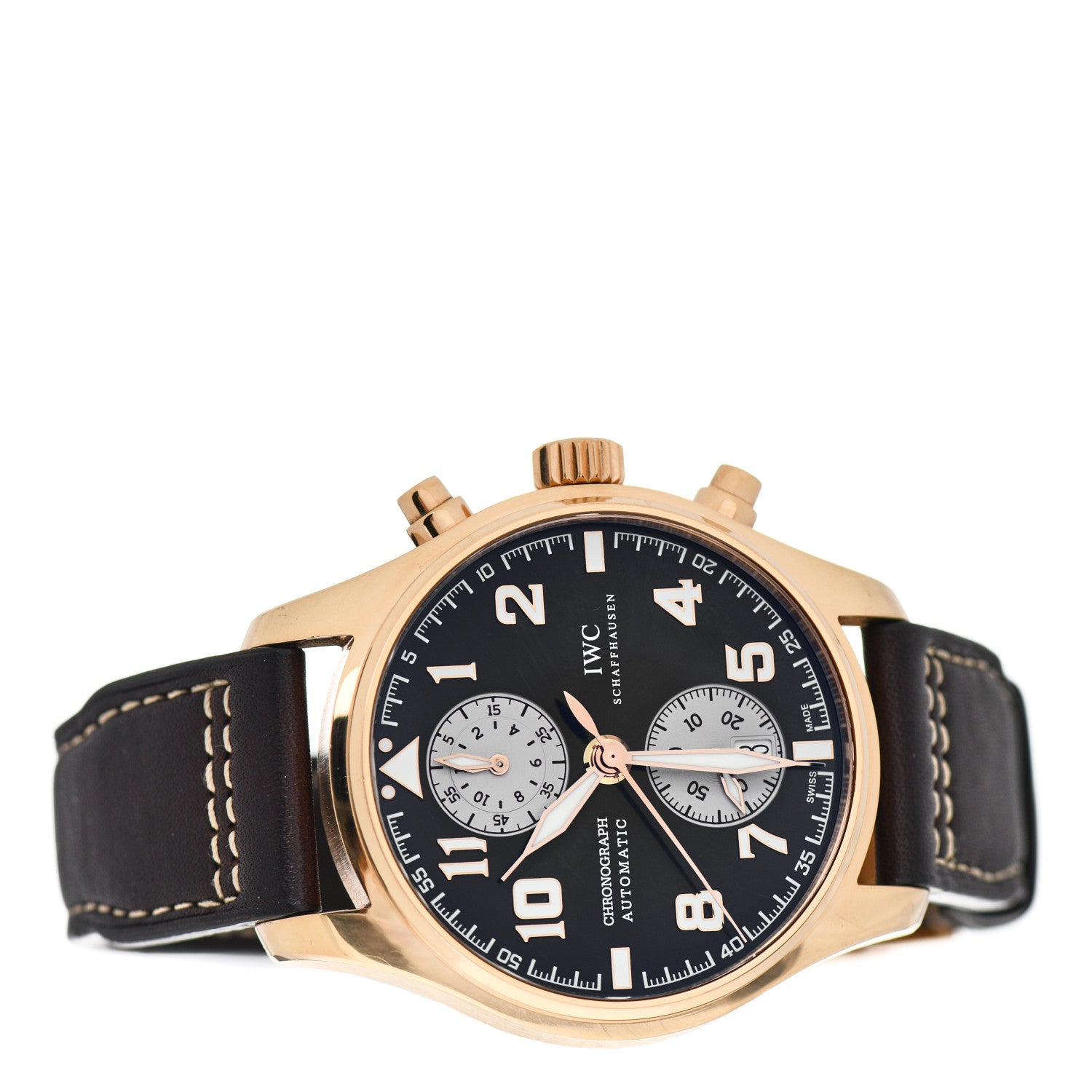 IWC 18K Rose Gold Calfskin 43mm Pilot Chronograph Saint Exupery Automatic Watch Brown IW387805 2 of 4
