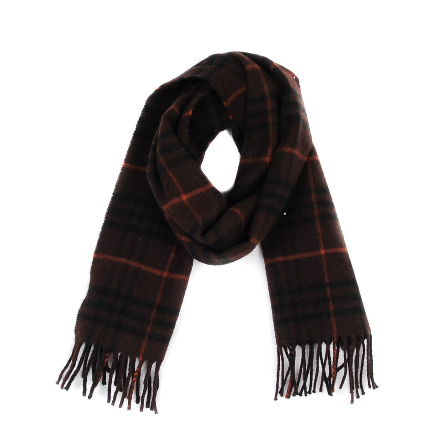 Wool Check Fringe Scarf Dark Brown